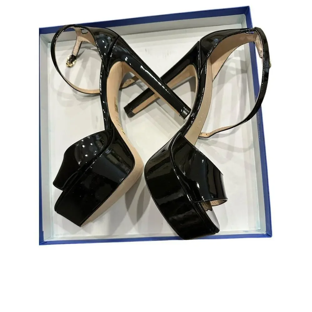 Stuart Weitzman DiscoPlatform Black Patent Leather Sandals Sz 9 $595 NEW